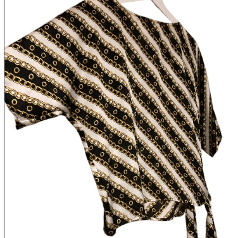 MICHAEL KORS Black White & Gold Chain Link Boat Neck  Side Tie Top